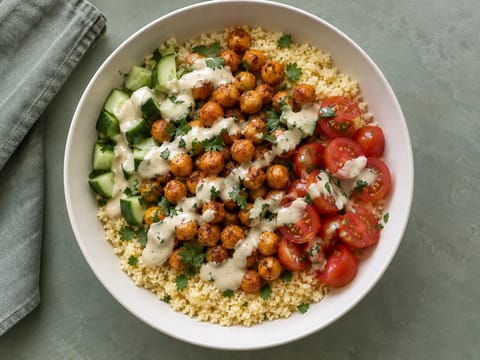 Bowl de pois chiches à la harissa, couscous et sauce tahini Bowl de pois chiches à la harissa, couscous et sauce tahini