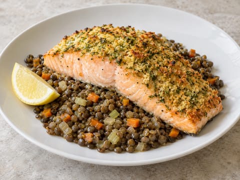 Salmone in crosta di erbe con lenticchie di Puy Salmone in crosta di erbe con lenticchie di Puy