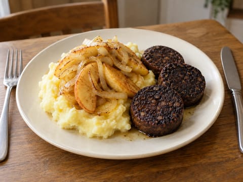 Himmel und Erde (morcilla con manzanas fritas y puré)