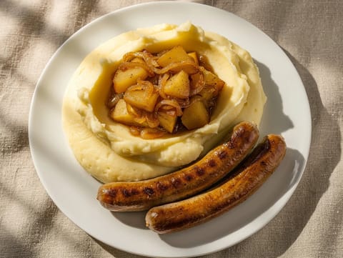 Himmel und Erde (kartoffelmos med æbler og pølse) Himmel und Erde (kartoffelmos med æbler og pølse)