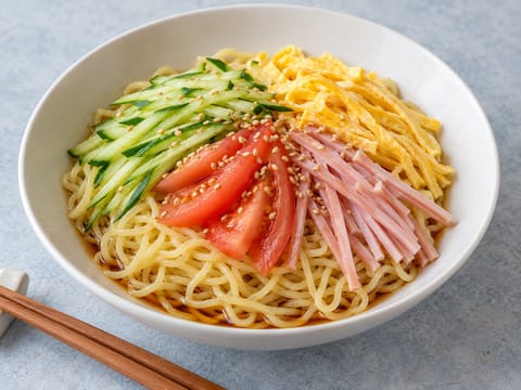 Hiyashi Chuka (vychlazené ramen se sójovo-octovou zálivkou) Hiyashi Chuka (vychlazené ramen se sójovo-octovou zálivkou)