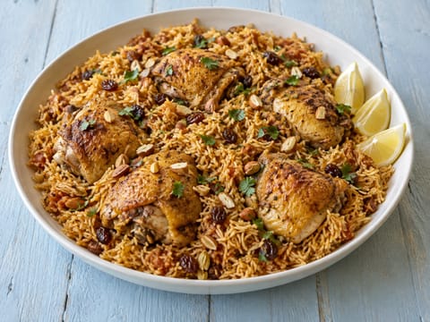 Kabsa (krydret kylling og ris med tomater, nødder og citron)