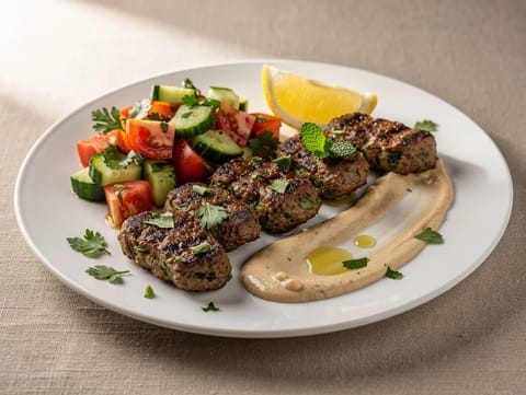 Πιατέλα kofta αρνιού με σάλτσα ταχίνι-λεμόνι και σαλάτα