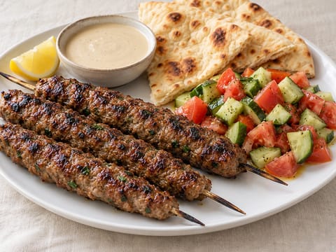Travessa de kofta de borrego com molho de tahini e limão e salada Travessa de kofta de borrego com molho de tahini e limão e salada
