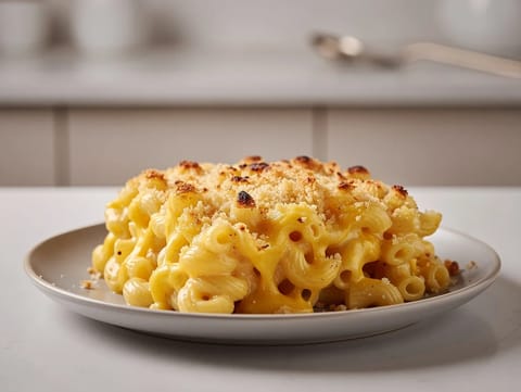 Zapečené makarony se sýrem s čedarem, gruyère a strouhankou Zapečené makarony se sýrem s čedarem, gruyère a strouhankou