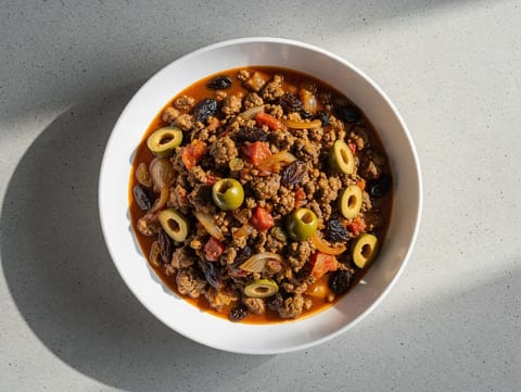 Picadillo de fête (ragoût de bœuf haché sucré-salé) Picadillo de fête (ragoût de bœuf haché sucré-salé)