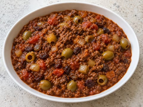 Holiday Picadillo (γλυκόξινο στιφάδο με κιμά μοσχαρίσιο) Holiday Picadillo (γλυκόξινο στιφάδο με κιμά μοσχαρίσιο)