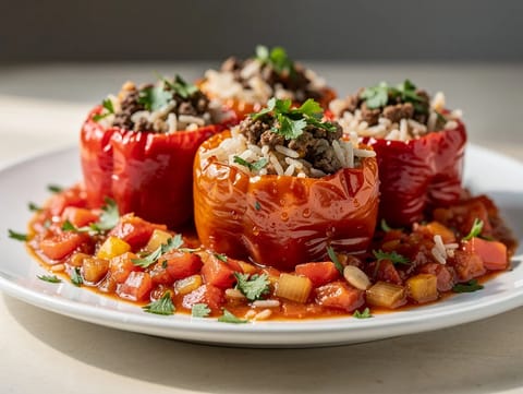 Pimientos rellenos marroquíes con ternera picada, arroz y salsa de tomate
