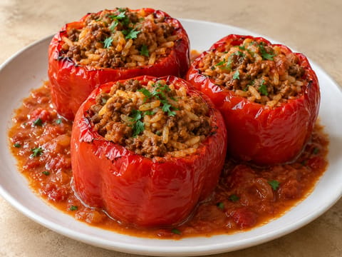 Poivrons farcis marocains au bœuf haché, riz et sauce tomate Poivrons farcis marocains au bœuf haché, riz et sauce tomate