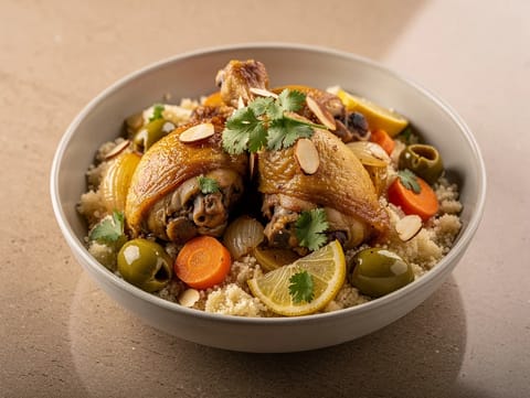 Marokkanische Hähnchen-Tagine mit Couscous, Oliven und Salzzitrone Marokkanische Hähnchen-Tagine mit Couscous, Oliven und Salzzitrone