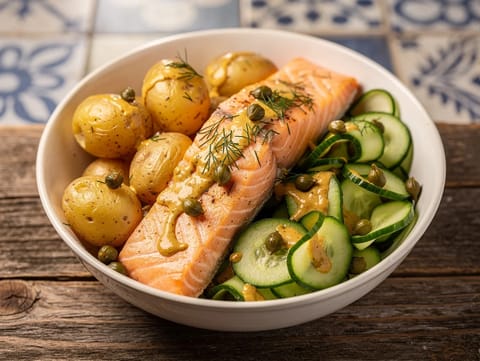 Bebek Patatesli, Salatalıklı ve Hardallı Soslu Hollanda Somon Kasesi