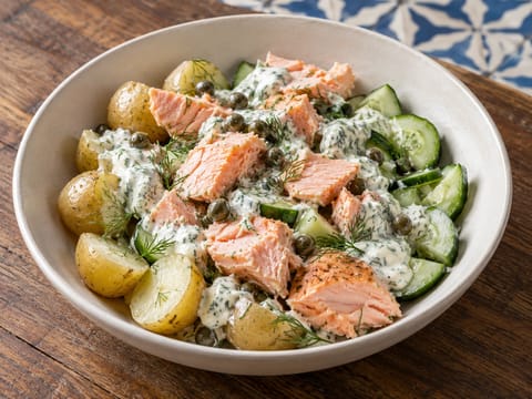Bol de salmón holandés con patatas baby, pepino y aliño de mostaza Bol de salmón holandés con patatas baby, pepino y aliño de mostaza