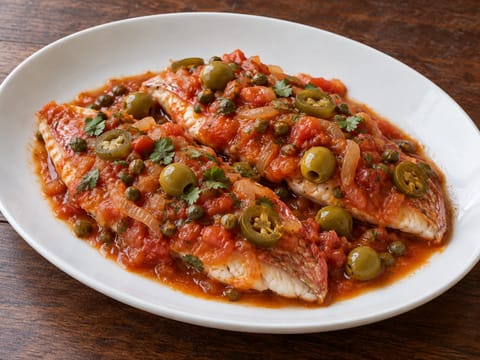 Huachinango a la Veracruzana (red snapper în sos de roșii cu măsline și capere) Huachinango a la Veracruzana (red snapper în sos de roșii cu măsline și capere)