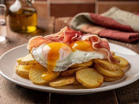 Huevos Rotos con Jamón y Patatas (smažená vejce se šunkou a bramborami) Huevos Rotos con Jamón y Patatas (smažená vejce se šunkou a bramborami)