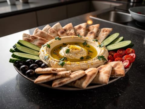 Platou cu hummus, ulei de măsline condimentat, pita și legume