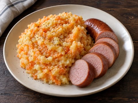 Hutspot Met Worst (Nederlandse stamppot van aardappel, wortel en ui met worst)
