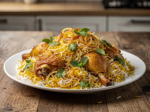 Hyderabadi Dum Biryani med safran og rosenvand