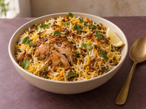 Hyderabadi Dum Biryani (pui și orez cu șofran, gătite în oală sigilată)