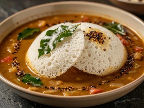 Idli Sambar (Buharda Pişmiş Pirinç Kekleri ve Mercimek Çorbası)
