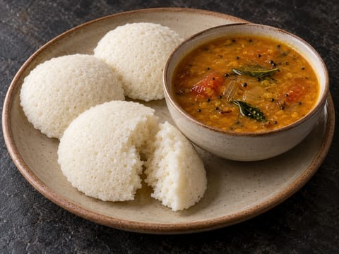 Idli Sambar (tortine di riso al vapore con zuppa di lenticchie) Idli Sambar (tortine di riso al vapore con zuppa di lenticchie)