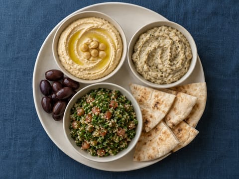 Półmisek mezze na iftar z hummusem, baba ganoush i tabbouleh Półmisek mezze na iftar z hummusem, baba ganoush i tabbouleh