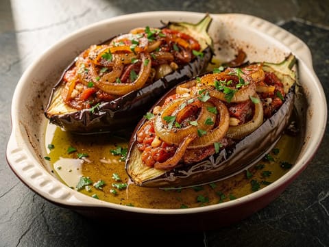 Imam Baildi (beringelas gregas recheadas com tomate e cebola)