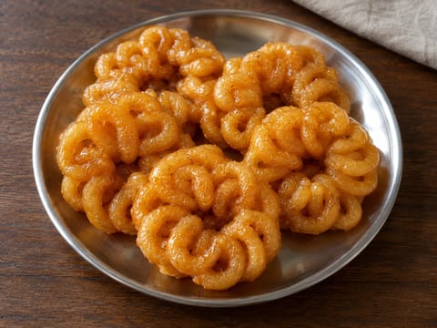 Imarti (espirales fritas de masa de lentejas en almíbar de azafrán) Imarti (espirales fritas de masa de lentejas en almíbar de azafrán)