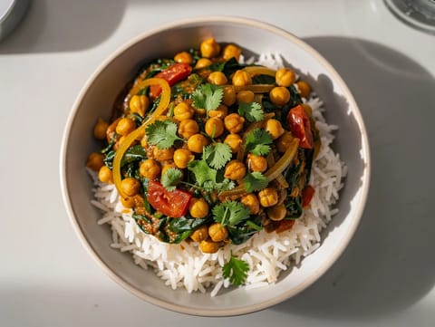 Intialainen kikherne-pinaattikulho (chana palak -tyyliin) Intialainen kikherne-pinaattikulho (chana palak -tyyliin)