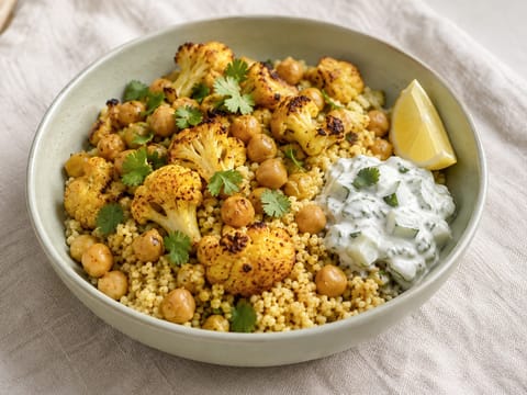 Indian Millet Bowl (Πικάντικο κεχρί με κουνουπίδι, ρεβίθια και ράιτα)