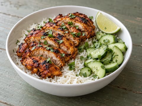 Tandoori-kyllingbolle (krydret grillet kylling med ris og agurk)