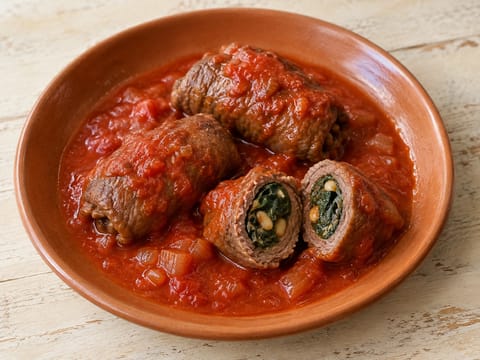 Involtini di Manzo con Spinaci e Pinoli (Ispanaklı ve çam fıstıklı dana ruloları)