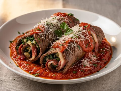 Involtini di Manzo (domates soslu doldurulmuş dana ruloları)