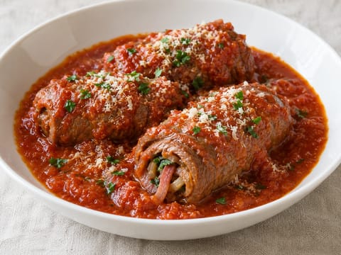 Involtini di Manzo (plněné hovězí závitky v rajčatové omáčce) Involtini di Manzo (plněné hovězí závitky v rajčatové omáčce)