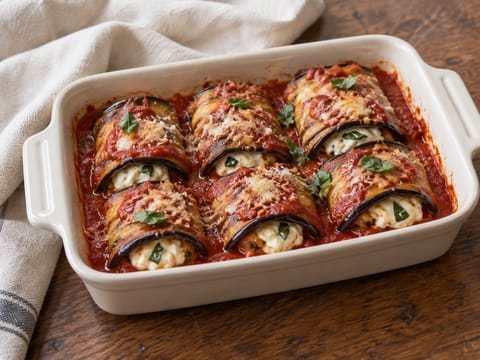 Involtini di Melanzane al Sugo (Aubergineruller i tomatsugo) Involtini di Melanzane al Sugo (Aubergineruller i tomatsugo)