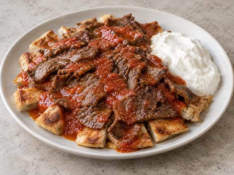 İskender Kebab (manzo con yogurt e salsa calda di pomodoro e burro)