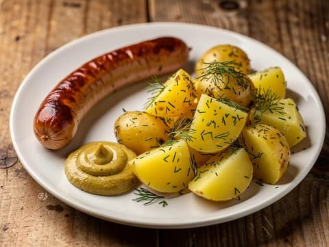 Isterband med dillpoteter (røkt pølse med poteter) Isterband med dillpoteter (røkt pølse med poteter)