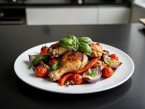 Pollo italiano al horno en bandeja con pimientos y tomates cherry