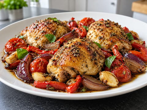 Italienisches Hähnchen-Blechgericht mit Paprika und Cherrytomaten Italienisches Hähnchen-Blechgericht mit Paprika und Cherrytomaten