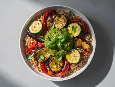 Fırın Sebzeli ve Pestolu İtalyan Farro Tahıl Kasesi Fırın Sebzeli ve Pestolu İtalyan Farro Tahıl Kasesi
