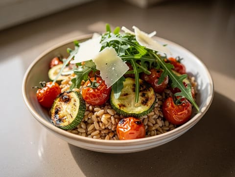 Bowl di farro all’italiana con zucchine e pomodori arrosto Bowl di farro all’italiana con zucchine e pomodori arrosto