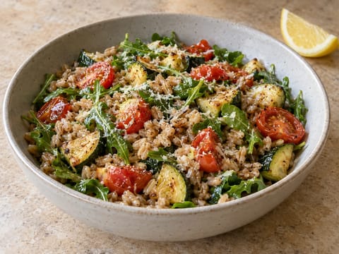 Italiensk farrobowl med rostad zucchini och tomater Italiensk farrobowl med rostad zucchini och tomater