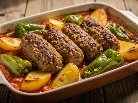 İzmir Köfte (turkkilaiset uunissa paistetut lihapullat perunoilla ja paprikoilla) İzmir Köfte (turkkilaiset uunissa paistetut lihapullat perunoilla ja paprikoilla)
