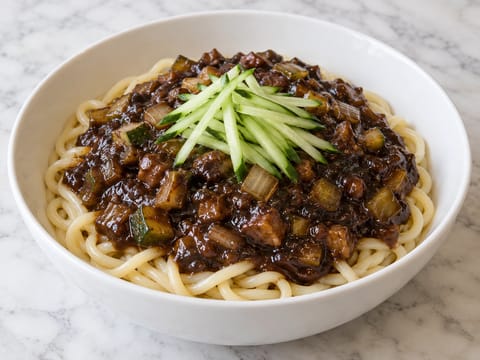 Jajangmyeon (korejsko-čínské nudle s černými fazolemi) Jajangmyeon (korejsko-čínské nudle s černými fazolemi)