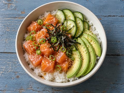 Zalm poke-stijl bowl met sushirijst Zalm poke-stijl bowl met sushirijst