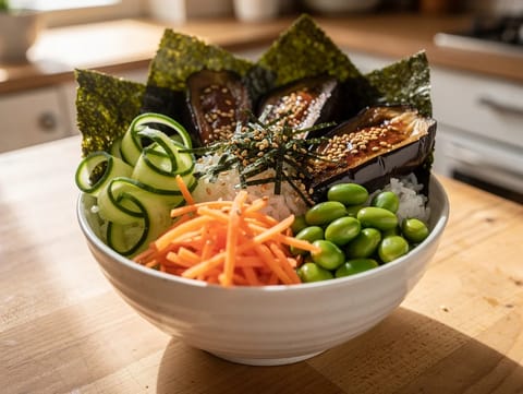 Japanse veggie bento bowl met miso-aubergine