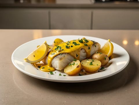 Torsk med sennepssmør og nye kartofler