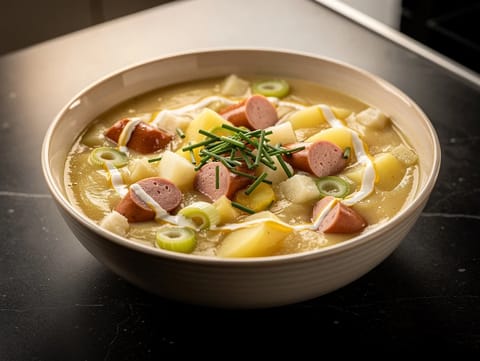 Kartoffelsuppe mit Würstchen (supă germană de cartofi cu cârnați) Kartoffelsuppe mit Würstchen (supă germană de cartofi cu cârnați)
