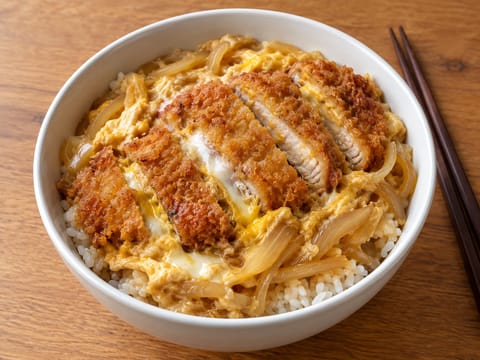 Katsudon (obalovaný vepřový řízek s vejcem na rýži) Katsudon (obalovaný vepřový řízek s vejcem na rýži)