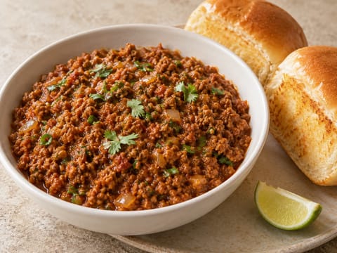 Keema Pav (krydret hakket lam med brødflutes) Keema Pav (krydret hakket lam med brødflutes)