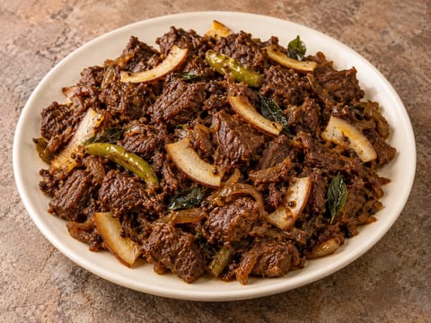 Kerala Beef Fry con fette di cocco Kerala Beef Fry con fette di cocco